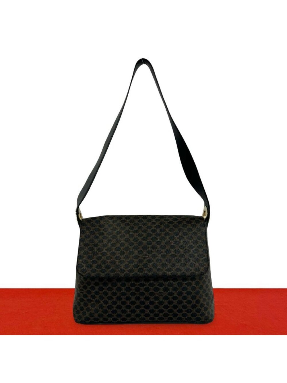 Celine Vintage Macadam Blason Triomphe Pattern Leather Shoulder Bag Black